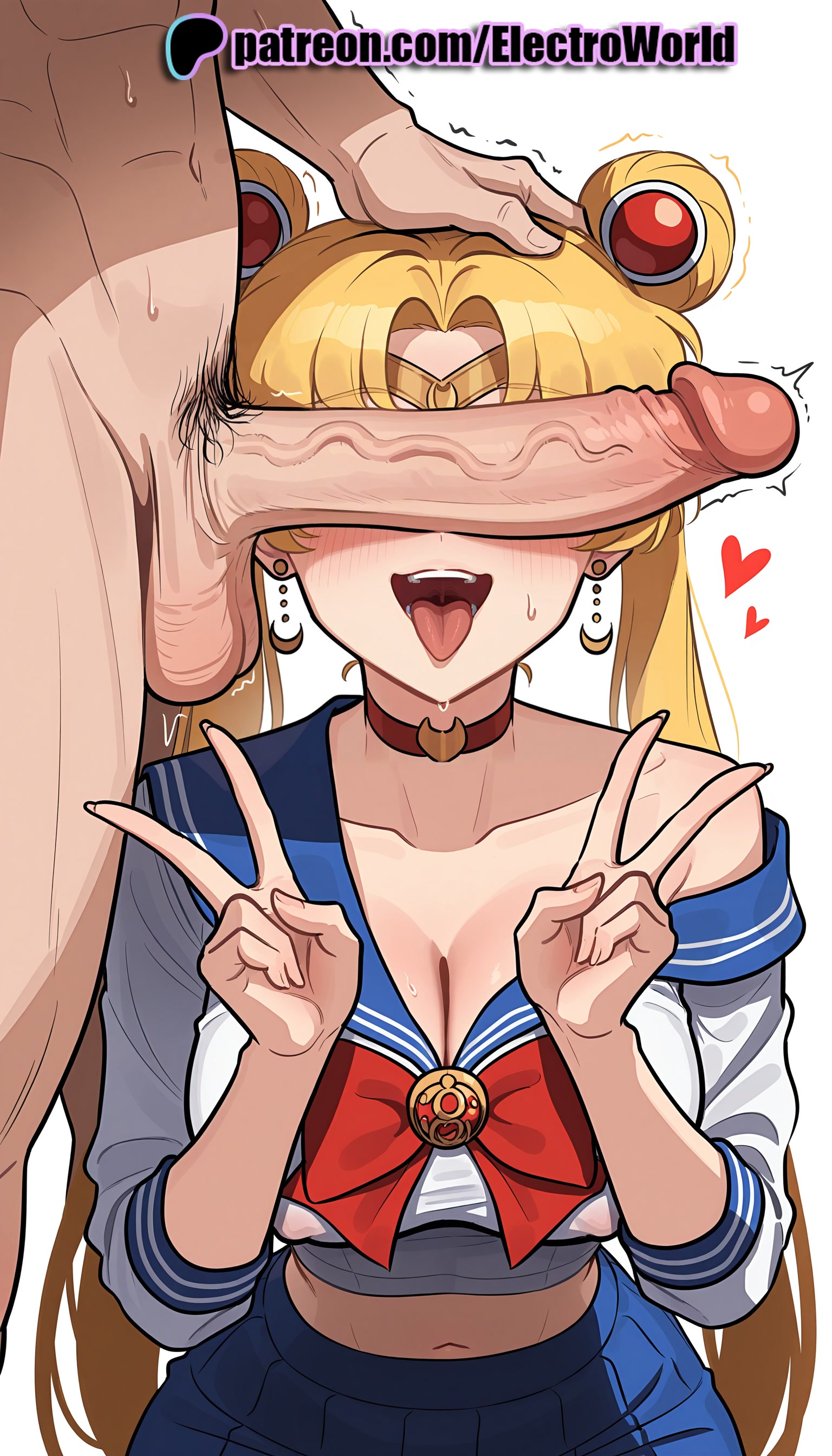 1boy, 1girls, 2025, ai generated, artist name, balls, bishoujo senshi sailor moon, blonde hair, blue sailor collar, blue skirt, choker, clothed female nude male, cock, dick, double v, electroworld, erection, female, heart, heart choker, hi res, high quality, high resolution, highres, jewelry, large penis, long hair, male, male pubic hair, nude, patreon, patreon username, penis, penis awe, penis on face, pleated skirt, precum, pubic hair, red bow, red choker, sailor collar, sailor moon, sailor senshi uniform, school uniform, serafuku, skirt, solo focus, stable diffusion, straight, testicles, tongue, tongue out, trembling, twintails, twitching penis, uncensored, usagi tsukino, v, veins, veiny penis, w, watermark