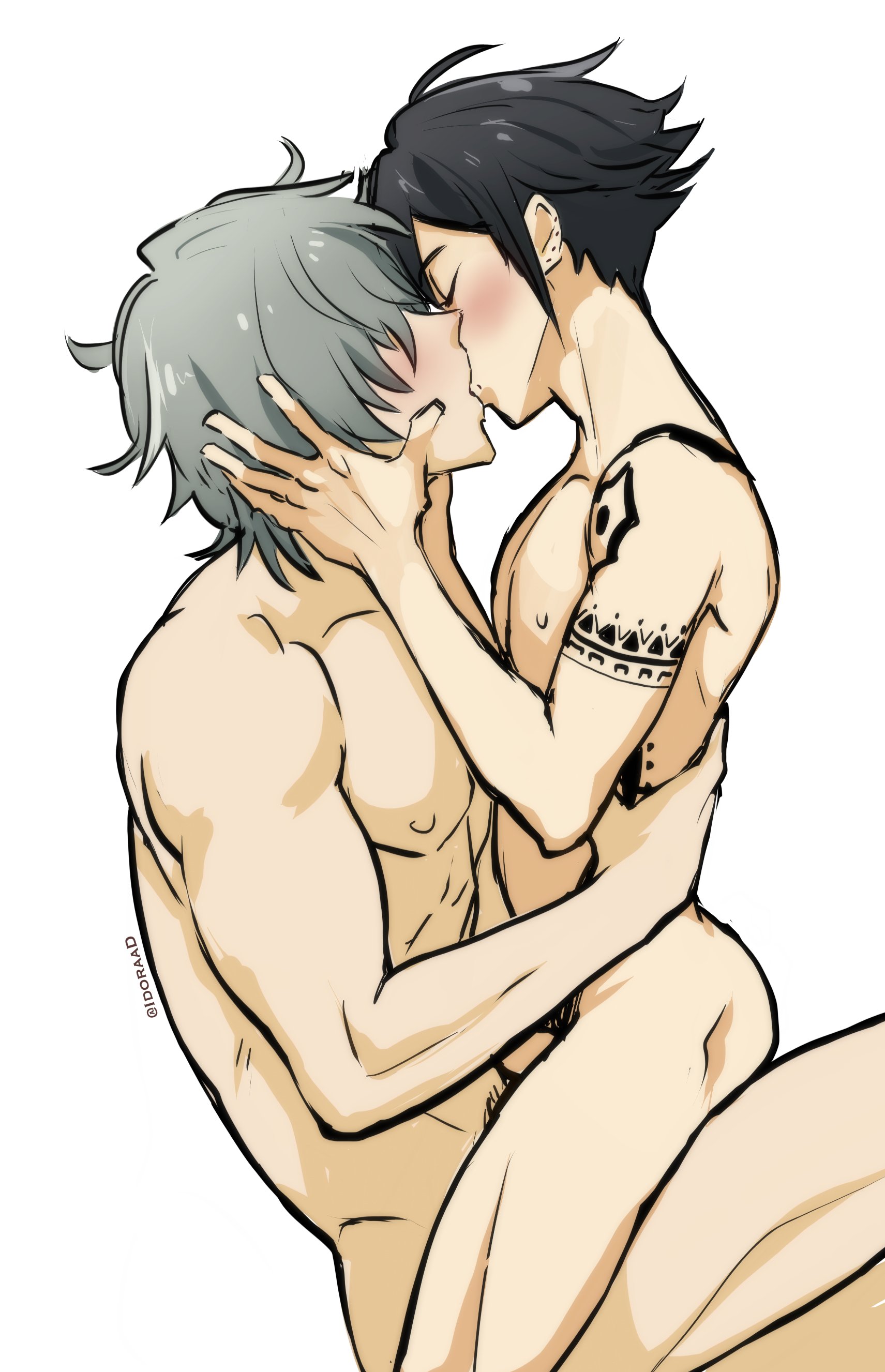 age difference, arms, biceps, black hair, cheating, closed eyes, daddy, daddy kink, daughters boyfriend, dilf, eyes hidden, gay, girlfriends father, grabbing face, grabbing waist, grey hair, hidden eyes, hori kyousuke, horimiya, idoraad, kissing, light skin, light-skinned male, lilprincyvi, male, male focus, male only, miyamura izumi, muscular, naked, pierced ears, tattoo, tattooed arm, twink, white background, yaoi