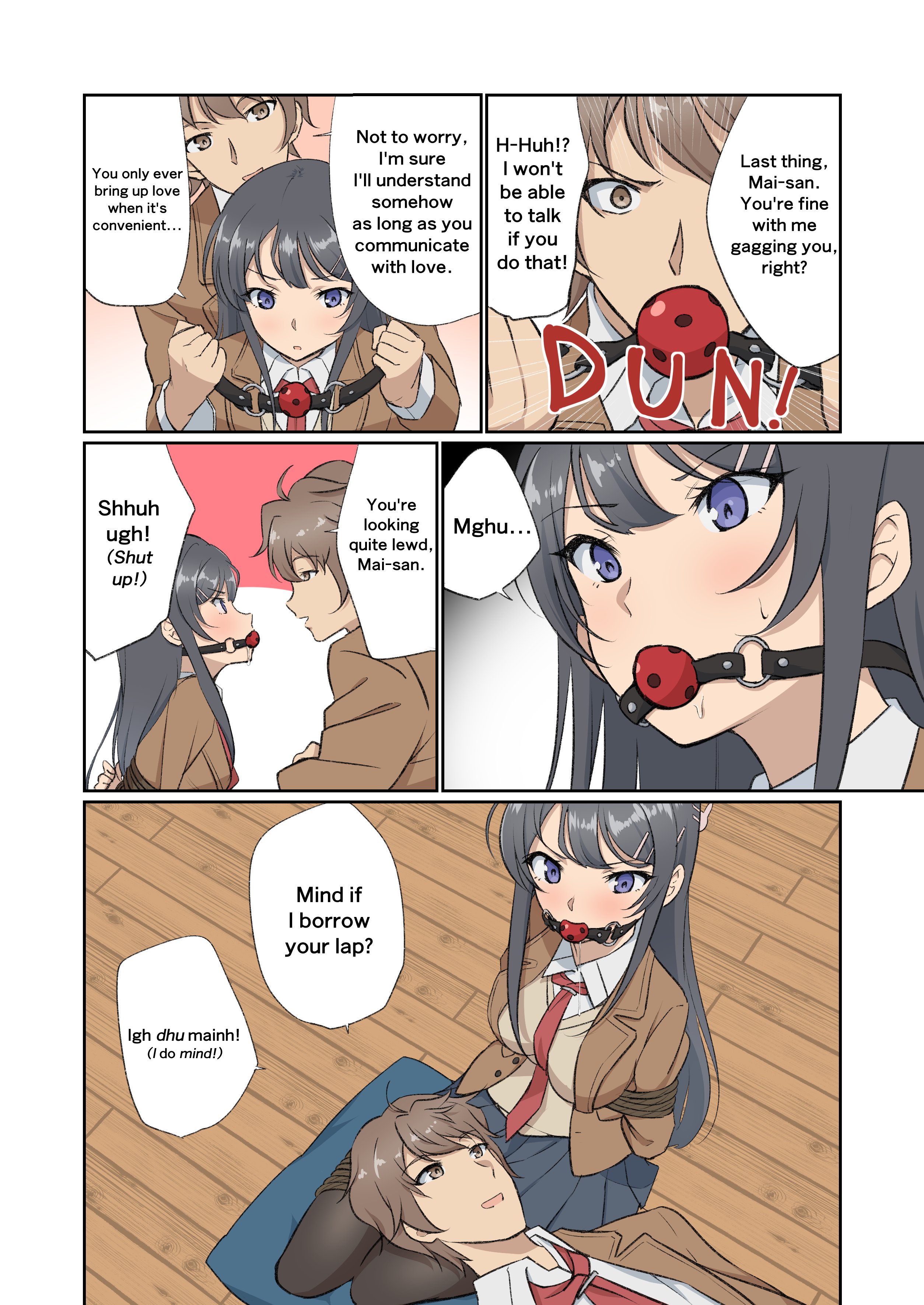 1boy, 2girls, absurdres, arms behind back, azusagawa kaede, azusagawa sakuta, ball gag, between breasts, black hair, black pantyhose, blush, bondage, book, bound, bound ankles, bound arms, bound legs, bound thighs, bound torso, breasts, comic, cosplay, drooling, english text, female, female focus, frogtie, gag, gagged, highres, indoors, jacket, kigurumi, kneeling, legs together, long hair, long sleeves, lying, lying on lap, male, medium breasts, misunderstanding, multiple females, multiple girls, necktie, necktie between breasts, no shoes, on back, on cushion, on floor, open clothes, open jacket, open mouth, pantyhose, photo (object), pleated skirt, purple eyes, rope, sakurajima mai, saliva, saliva puddle, saliva trail, school uniform, seishun buta yarou wa bunny girl senpai no yume wo minai, shibari over clothes, shirt, simple background, skirt, solo, speech bubble, straight, tamawwwwwwwww, tie, unworn gag, wiffle gag, wooden floor