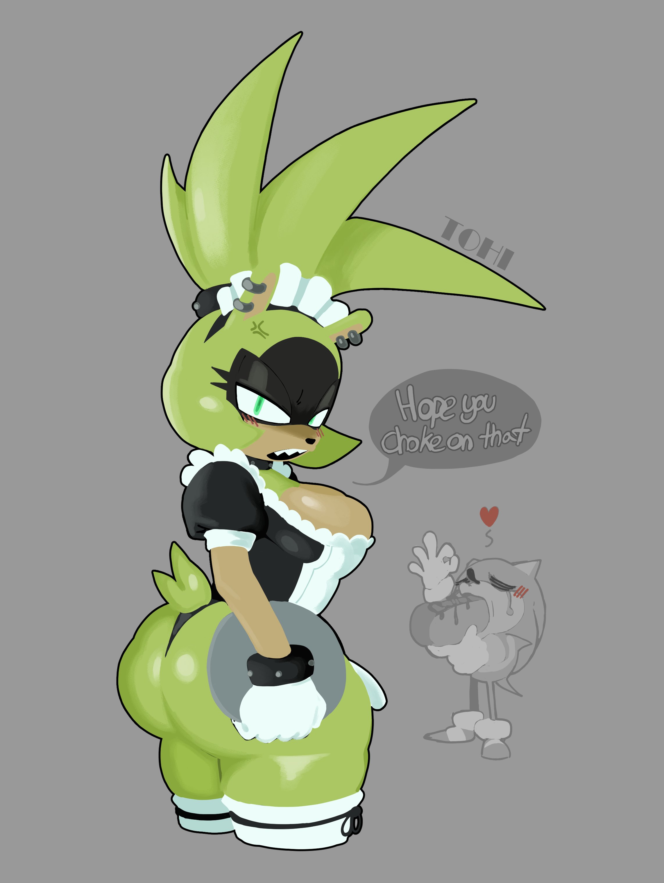 1girls, ass, big ass, big butt, bottom heavy, breasts, female, female focus, green fur, hot dog, maid, maid headdress, maid uniform, sharp teeth, sonic (series), sonic the hedgehog, sonic the hedgehog (comics), sonic the hedgehog (idw), sonic the hedgehog (series), surge the tenrec, tagme, theonehornedimp, toned female