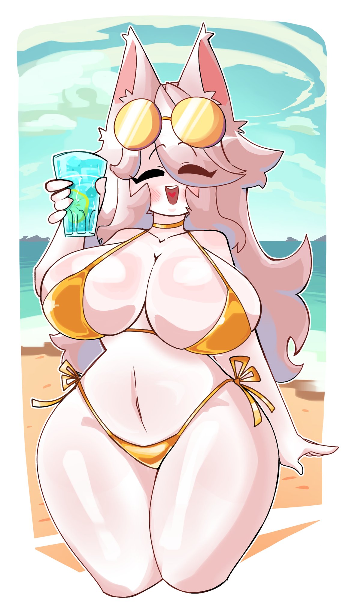 1girls, big breasts, blush, breasts, cleavage, clothed, clothing, ear, female, golden week, hair, heart, milkshake (tacat), tacat, tagme, thick thighs, thighs, white hair, wide hips