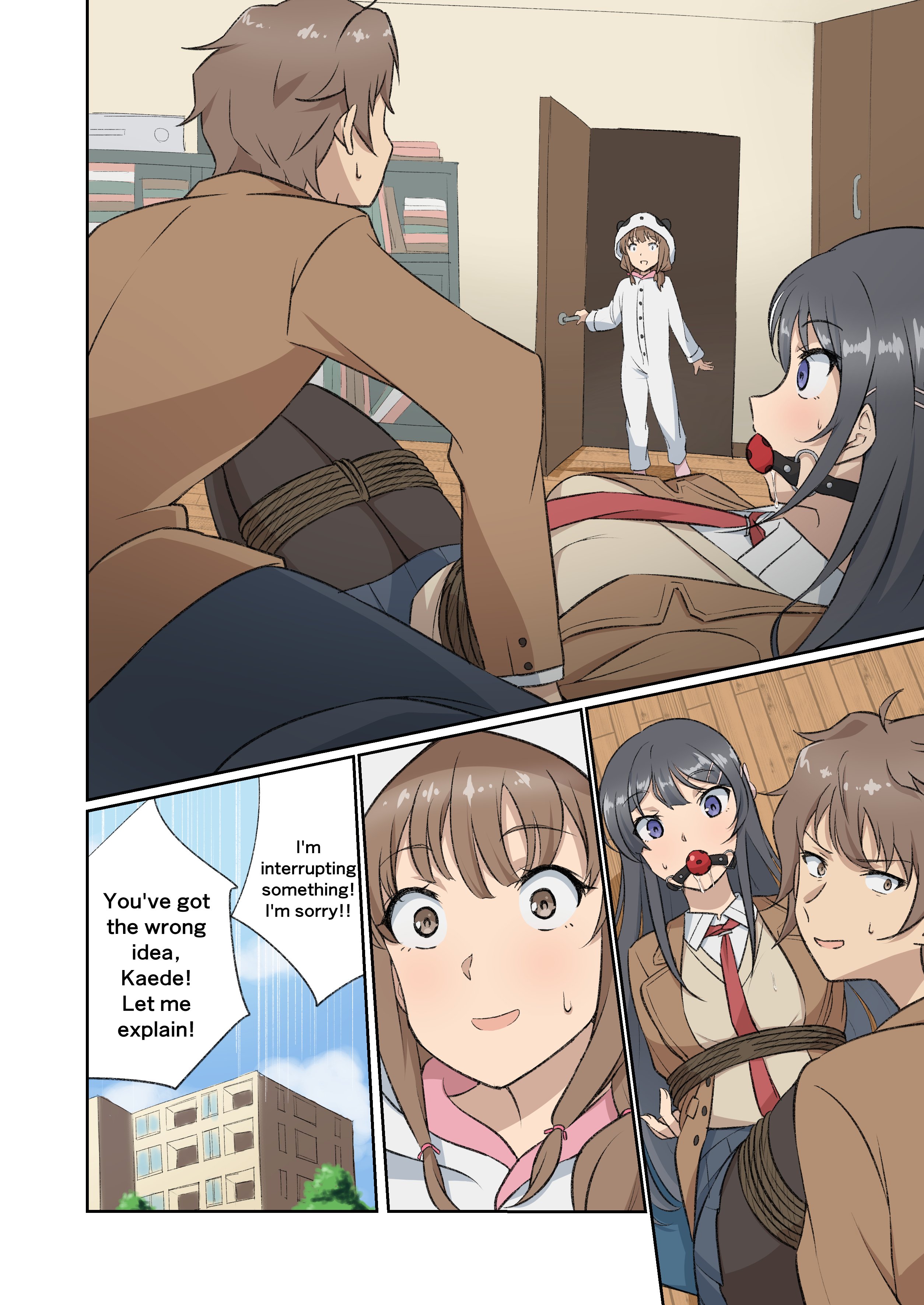 1boy, 2girls, absurdres, arms behind back, azusagawa kaede, azusagawa sakuta, ball gag, between breasts, black hair, black pantyhose, blush, bondage, book, bound, bound ankles, bound arms, bound legs, bound thighs, bound torso, breasts, comic, cosplay, drooling, english text, female, female focus, frogtie, gag, gagged, highres, indoors, jacket, kigurumi, kneeling, legs together, long hair, long sleeves, lying, lying on lap, male, medium breasts, misunderstanding, multiple females, multiple girls, necktie, necktie between breasts, no shoes, on back, on cushion, on floor, open clothes, open jacket, open mouth, pantyhose, photo (object), pleated skirt, purple eyes, rope, sakurajima mai, saliva, saliva puddle, saliva trail, school uniform, seishun buta yarou wa bunny girl senpai no yume wo minai, shibari over clothes, shirt, simple background, skirt, solo, speech bubble, straight, tamawwwwwwwww, tie, unworn gag, wiffle gag, wooden floor