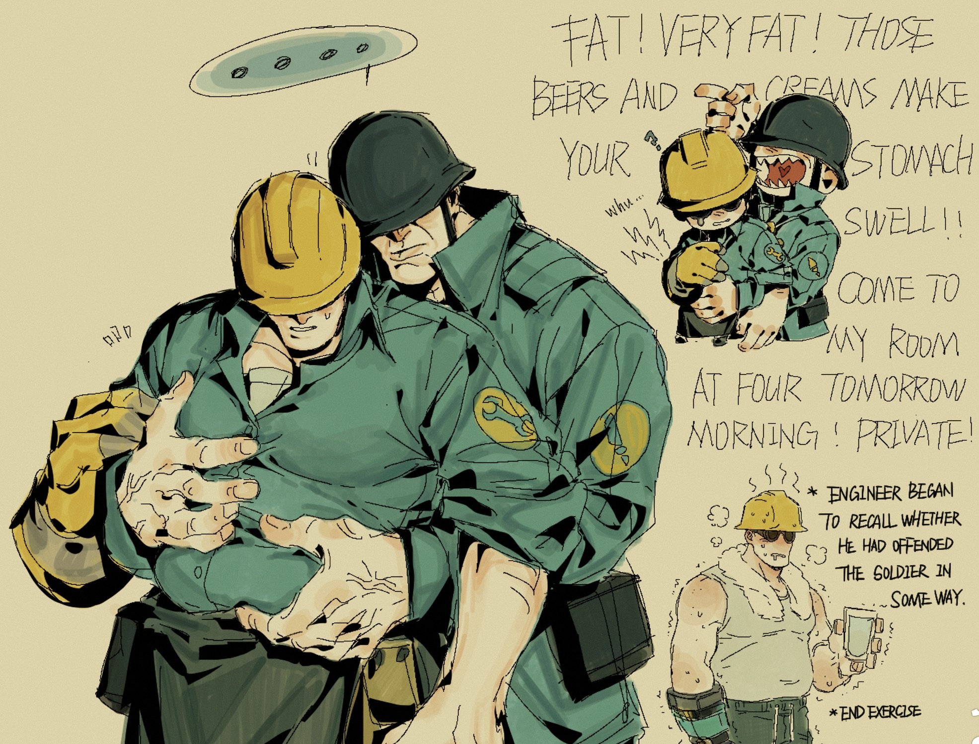 2boys, awkward, big belly, big hands, engineer (team fortress 2), fat belly, fat male, fat shaming, fondling, gay, insult, male, moobs, overweight, overweight male, soldier (team fortress 2), sweat, sweatdrop, team fortress 2, tf2, touching, uncomfortable, yuzhnbdn1