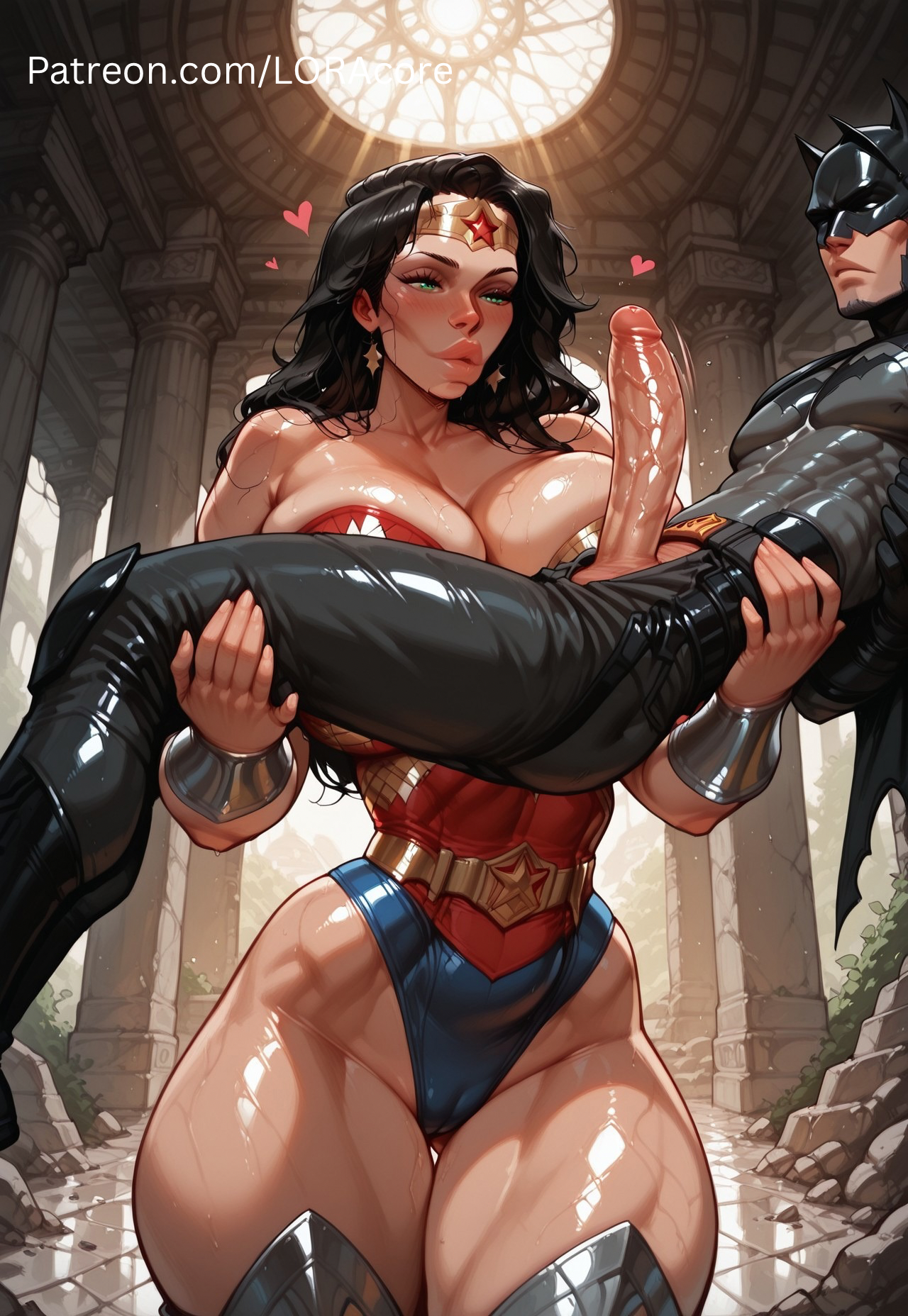 1boy, 1girls, ai generated, amazon, amazonian, batman, batman (bruce wayne), batman (series), batman: arkham city, batman: arkham knight, batman: the animated series, big penis, bigger female, bimbo lips, black hair, black-haired female, breasts, breasts bigger than head, bruce wayne, circlet, clothed, clothing, dc, dc comics, dc extended universe, dcamu, dceu, dominant female, erection, female, femdom, getting erect, gigantic breasts, held up, hi, hi res, high quality, high resolution, highres, huge breasts, huge cock, huge thighs, imminent fellatio, imminent oral, in air, justice league, larger female, long hair, long-haired female, loracore, male, muscular, muscular female, muscular male, penis, penis out, petite male, princess carry, size difference, smaller male, squished breasts, submissive male, superhero, superhero costume, superheroine, suspended fellatio, taller female, thick thighs, thighs, uncensored, voluptuous, voluptuous female, wonder woman, wonder woman (injustice), wonder woman (series)
