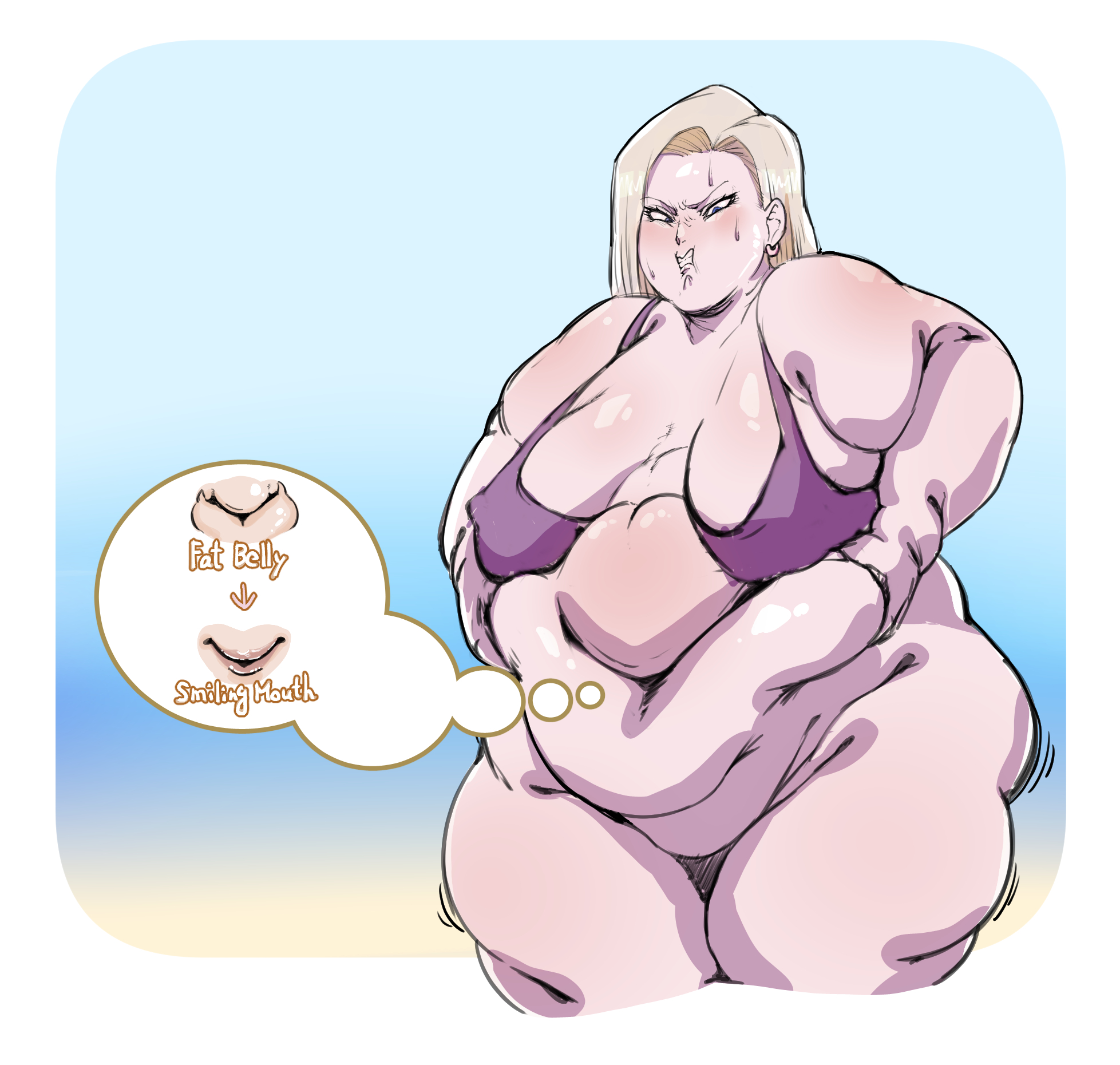 1girls, android, android 18, ass, belly bigger than head, belly bulge, bikini, blonde hair, blue eyes, blush, bra, chubby, chubby female, dragon ball, dragon ball z, fat, fat ass, female, female focus, focus, huge belly, huge female, hyper fat, liquidy fat, obese, obese female, overweight, overweight female, short hair, ssbbw, thick thighs, thong, weight gain, wide hips