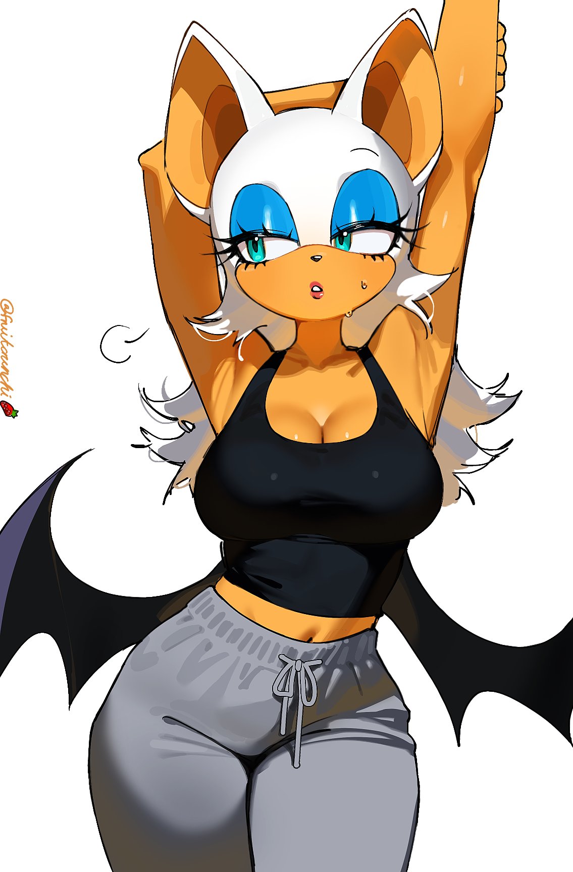 1girls, anthro, bat, bat ears, bat wings, big breasts, blue eyes, breasts, cleavage, female, fruitcrunchi, fruitcrunchi (artist), huge breasts, long eyelashes, long hair, looking at viewer, rouge the bat, solo, solo female, sonic (series), stretching, sweat, sweatdrop, sweating, tank top, tanktop, white hair