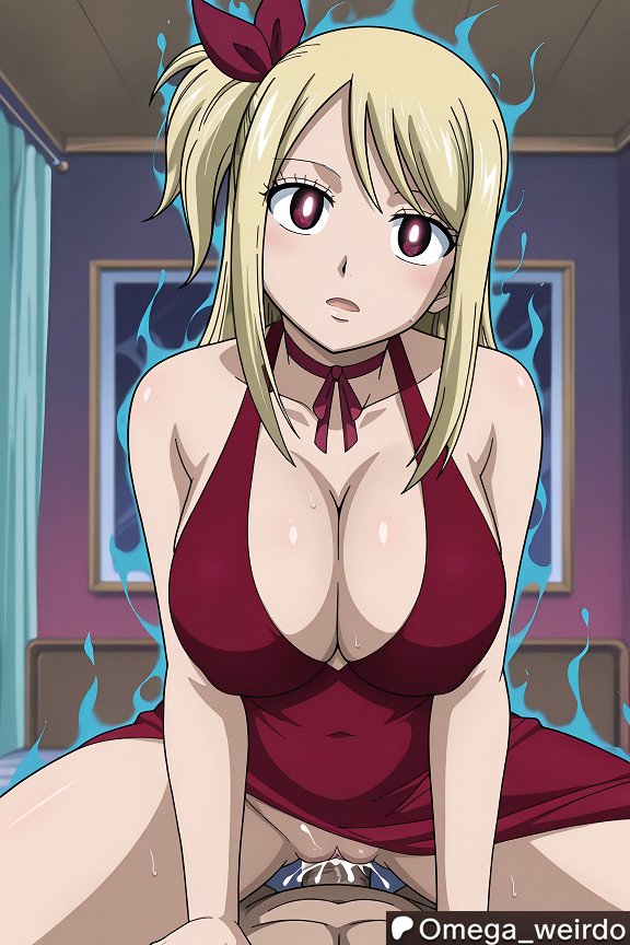 1boy, 1girls, ai generated, big breasts, blonde female, blonde hair, blonde-haired female, blush, breasts, cleavage, corrupted, corruption, cum, cum in pussy, cum inside, dark aura, emotionless, fairy tail, female, glowing eyes, hair ribbon, huge breasts, hypnosis, hypnotic eyes, lucy heartfilia, male, muscular, navel, no emotion, omega weirdo, open mouth, patreon, pov, pov sex, pussy, pussy juice, red dress, red eyes, ribbon, sex, side ponytail, stoic, straddling, white pupils
