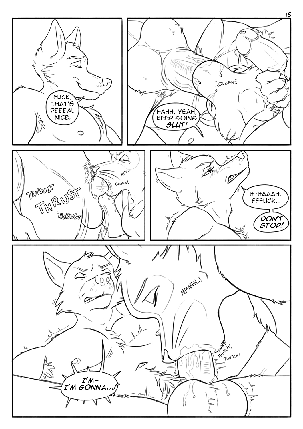 alphasabre animal_genitalia animal_penis anthro armpit_hair balls big_balls big_penis bodily_fluids body_hair canid canine chest_tuft comic comic_panel dialogue domestic_cat dripping drooling duo edging equine_genitalia equine_penis face_fucking felid feline felis fellatio fox genitals happy_trail hi_res imminent_orgasm irrumatio looking_pleasured male male/male mammal masturbating_while_sucking masturbation oral penile penis pubes saliva saliva_drip saliva_on_penis sex speech_bubble thick_pubes throbbing throbbing_penis thrusting tuft