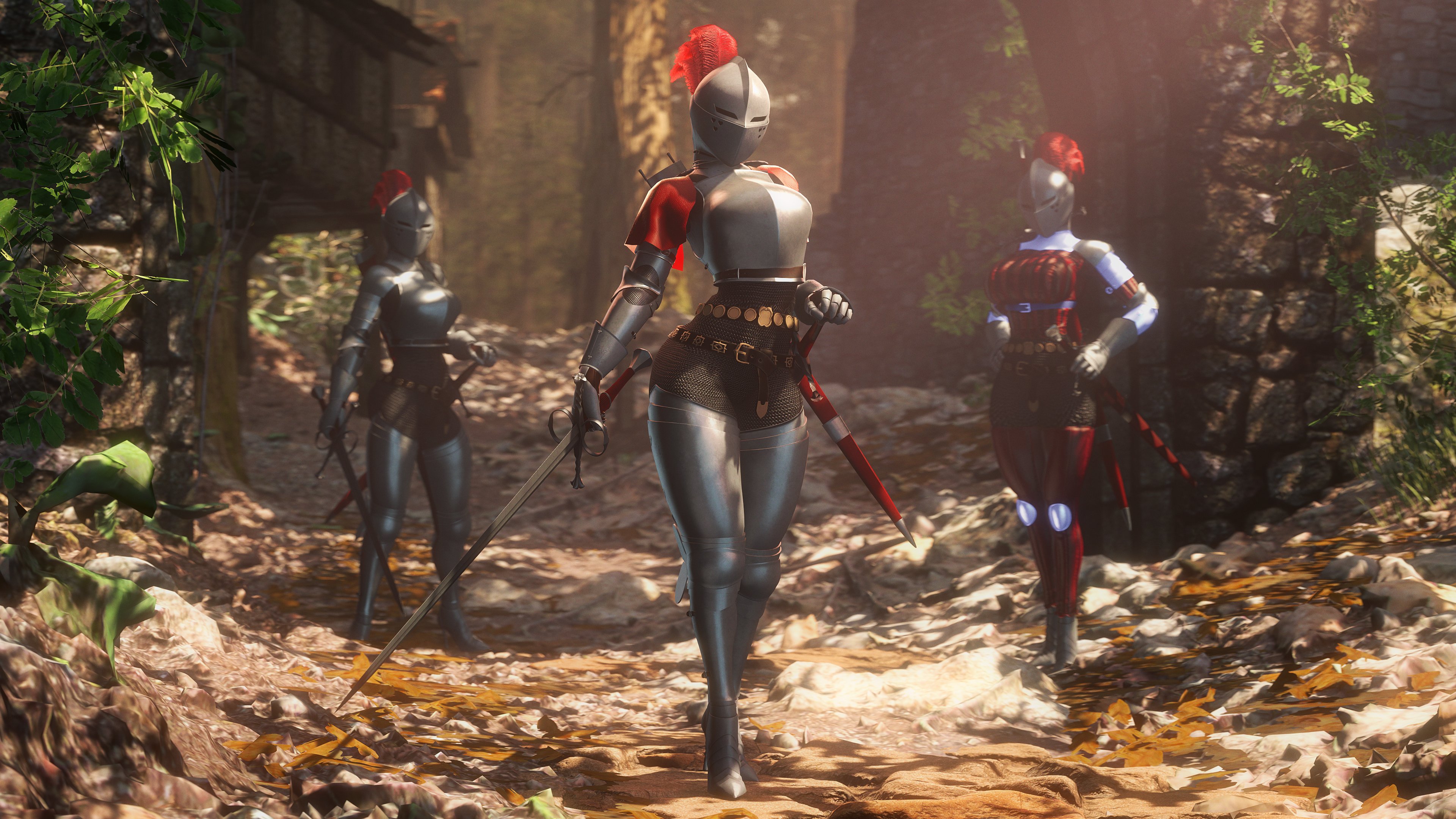 3d, 3d (artwork), 3d model, 3d render, 3girls, armet, armet helmet, armor, belt, belt buckle, breastplate, chainmail, cuisse, fully clothed, gauntlets, goes hard, greaves, helmet, helmet covering face, holding sword, kardia of rhodes, knight, medieval, medieval armour, rookie425, sabatons, sword, wide hips