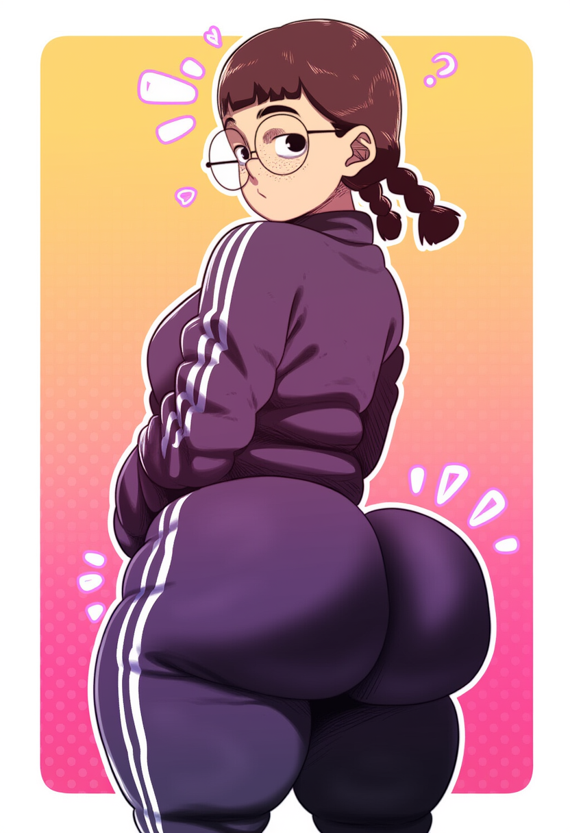 ai generated, ass, big ass, black hair, chubby, d-art style, female, glasses, jimiko, looking back, nerd, schoolgirl, twintails
