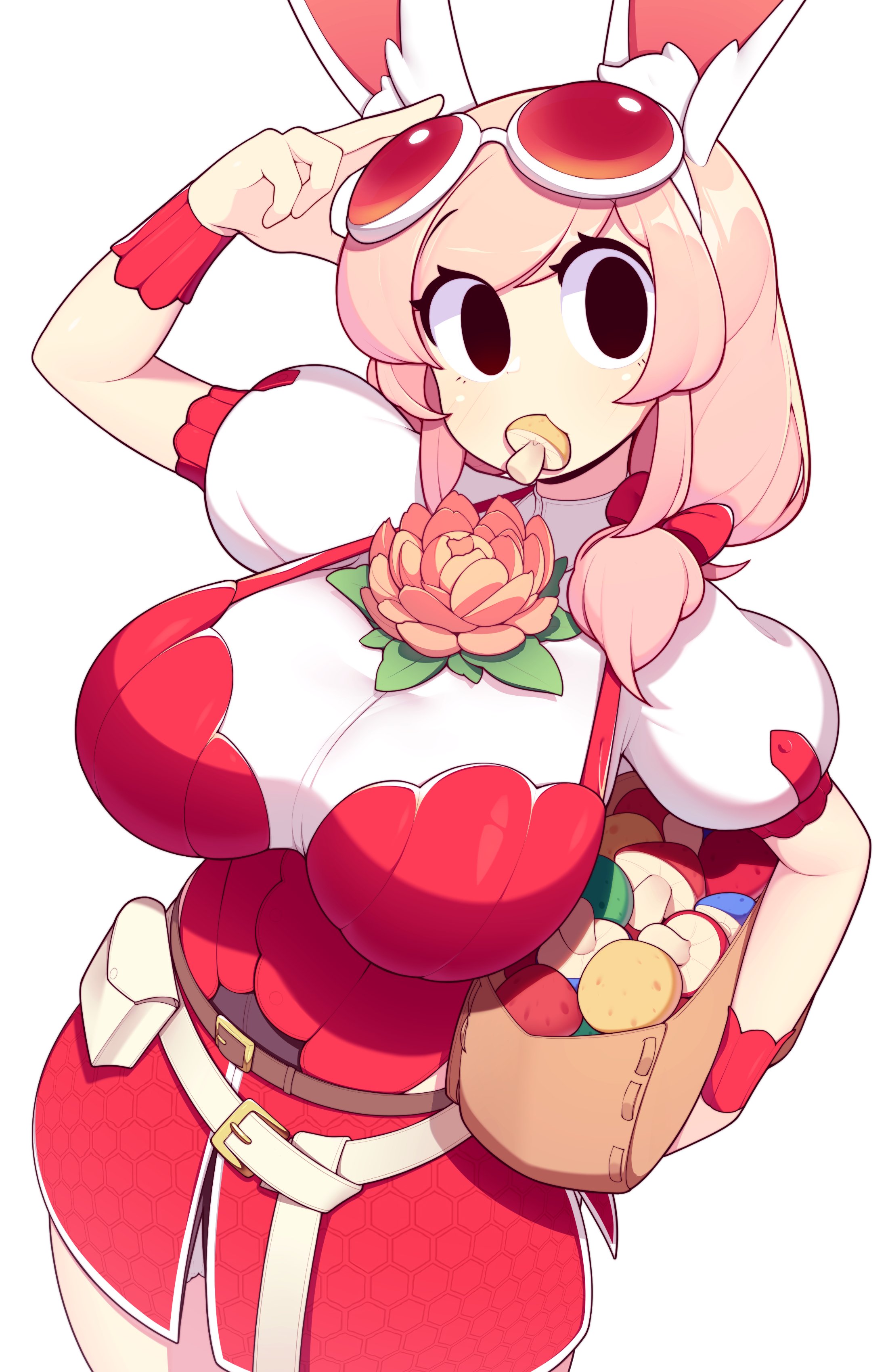 1girls, big breasts, black eyes, breasts, bunny ears, bunny girl, capcom, clothing, female, female only, fiz, fizintine, food in mouth, glasses on head, looking at viewer, monster hunter, monster hunter wilds, mushroom, pink hair, solo, very high resolution, white background