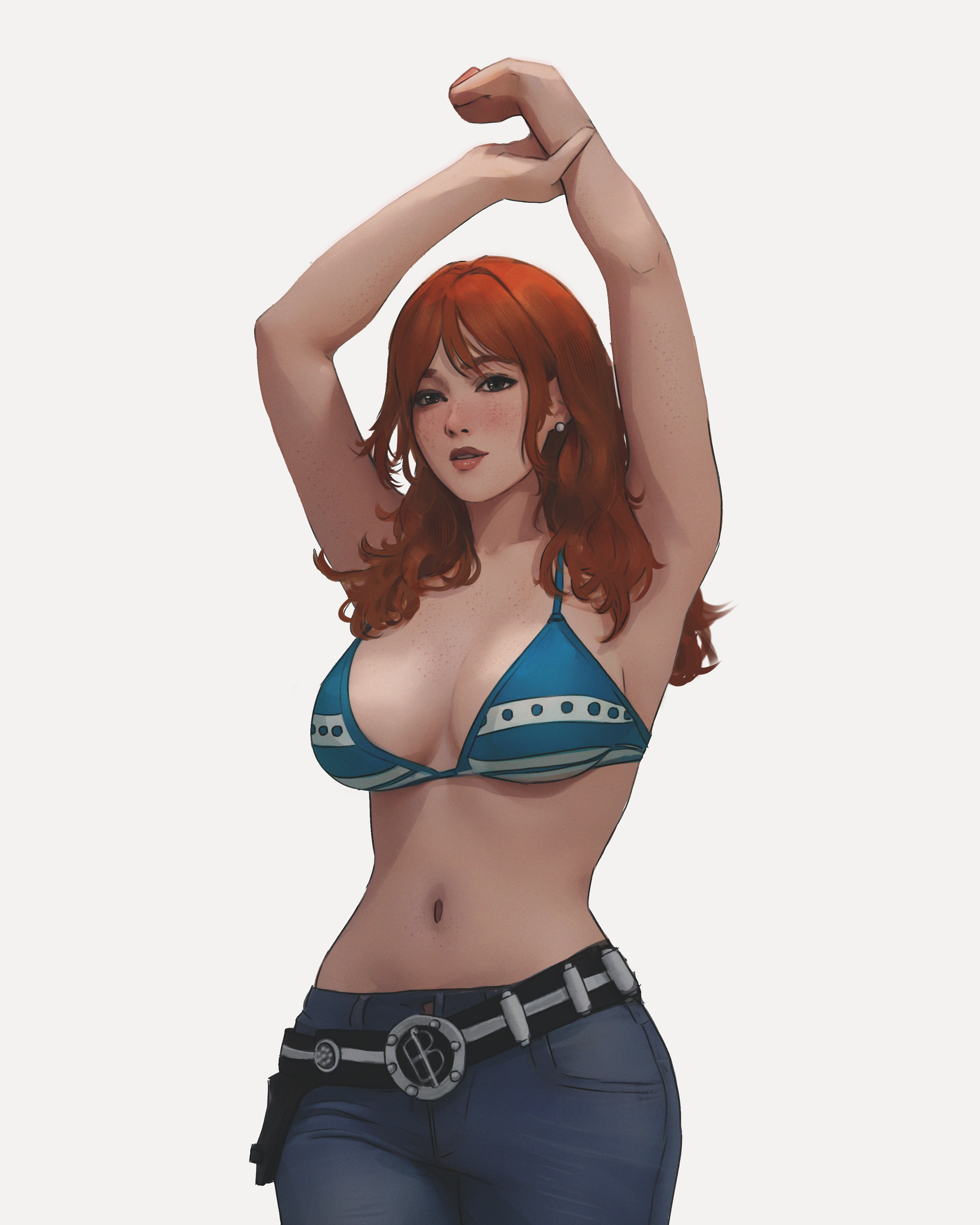 big breasts, bra, breasts, breasts out, censored, clothing, female, female only, fully clothed, ginger, jeans, large breasts, meemo.psd, nami (one piece), no penetration, one piece, patreon, red hair, redhead, solo, solo female, solo focus, striped bikini, teenage female, thick, voluptuous, voluptuous female