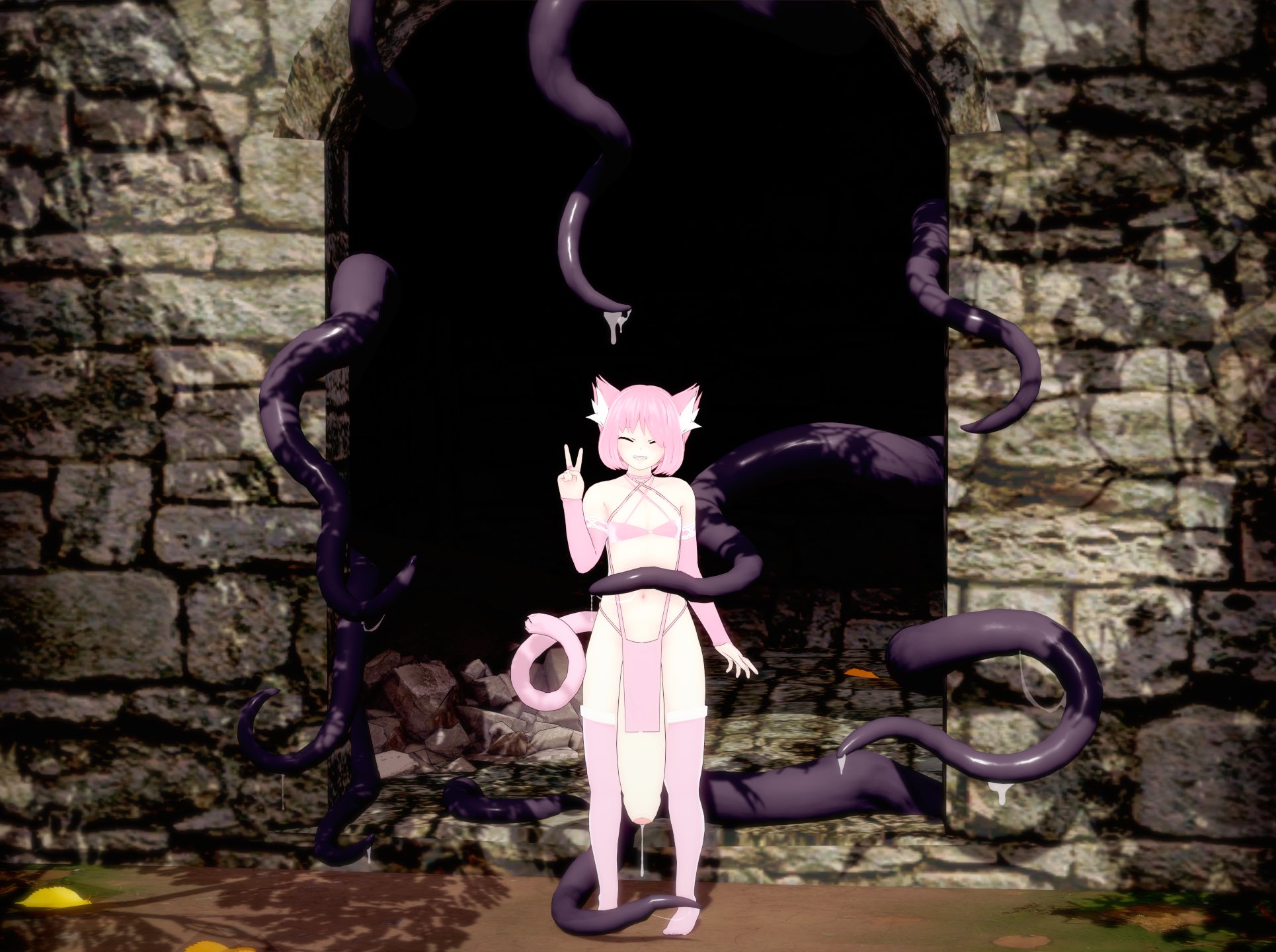 1boy, adrian (tightertemp), cat boy, cat ears, cat tail, catboy, dripping cum, femboy, hanging penis, huge cock, hung bottom, hung trap, hyper penis, imminent rape, imminent sex, interspecies, koikatsu, looking at viewer, looking back, male, outdoors, penis, stone wall, tentacle, tentacle rape, tightertemp, twink, unaware