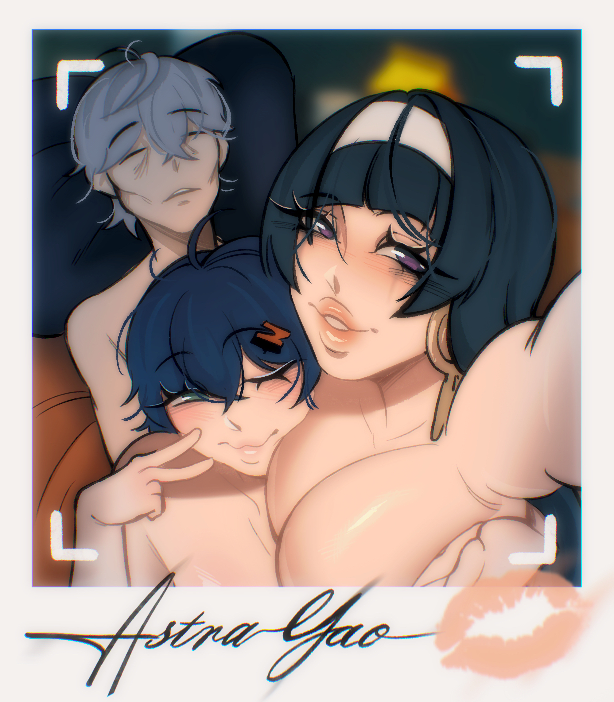 1boy, 2girls, after sex, astra yao, belle (zenless zone zero), big breasts, breasts, brother and sister, color, drained, drawing, exhausted, fainted, female, horny female, incest, jizzuskrist, lipstick mark, long hair, male, mihoyo, selfie, smiling, straight, taboo, taller female, threesome, wise (zenless zone zero), zenless zone zero