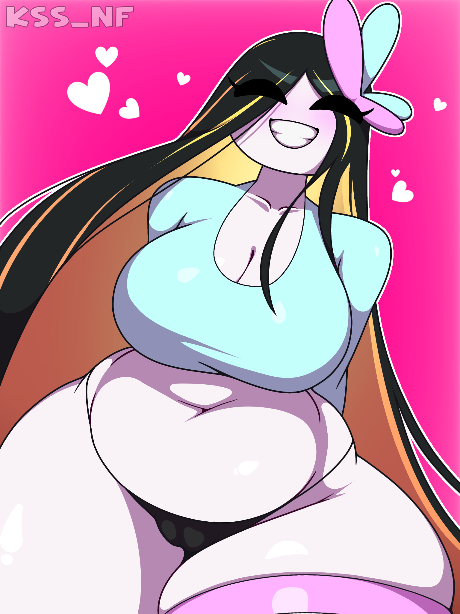 1girls, 2025, 2d, 2d (artwork), arms behind back, belly, belly button, belly fat, big belly, big breasts, big pussy, black hair, blue shirt, breasts, butterfly hair ornament, closed eyes, female, female only, front view, half naked, half-dressed, heart, kss nf, light body, light skin, light-skinned female, long hair, massive thighs, panties, pussy, shirt, simple background, smile, smiling, smiling at viewer, solo, sweetie (thesweetiesoul), teeth, teeth showing, thighhighs, tight clothing, tight fit, voluptuous, voluptuous female, white body, white skin, yellow hair