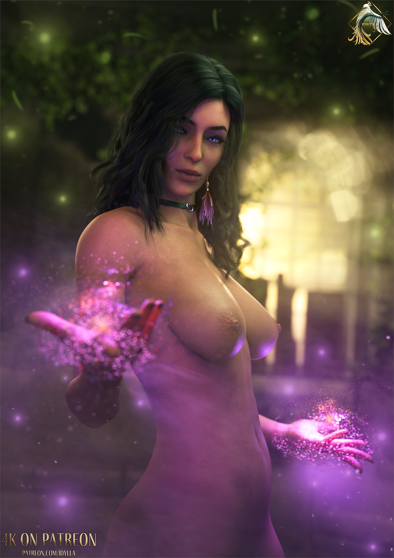 1girls, 2025, 3d, areolae, ass, big ass, black hair, black nail polish, breasts, cd projekt red, choker, completely nude, earrings, female, female only, female torso, hairless pussy, idylla, long hair, looking to the side, magic, medium breasts, nail polish, navel, nipples, no visible genitalia, nude, nude female, outdoor nudity, outdoors, painted nails, purple eyes, purple lipstick, pussy, side view, solo, the witcher (series), the witcher 3: wild hunt, witch, yennefer