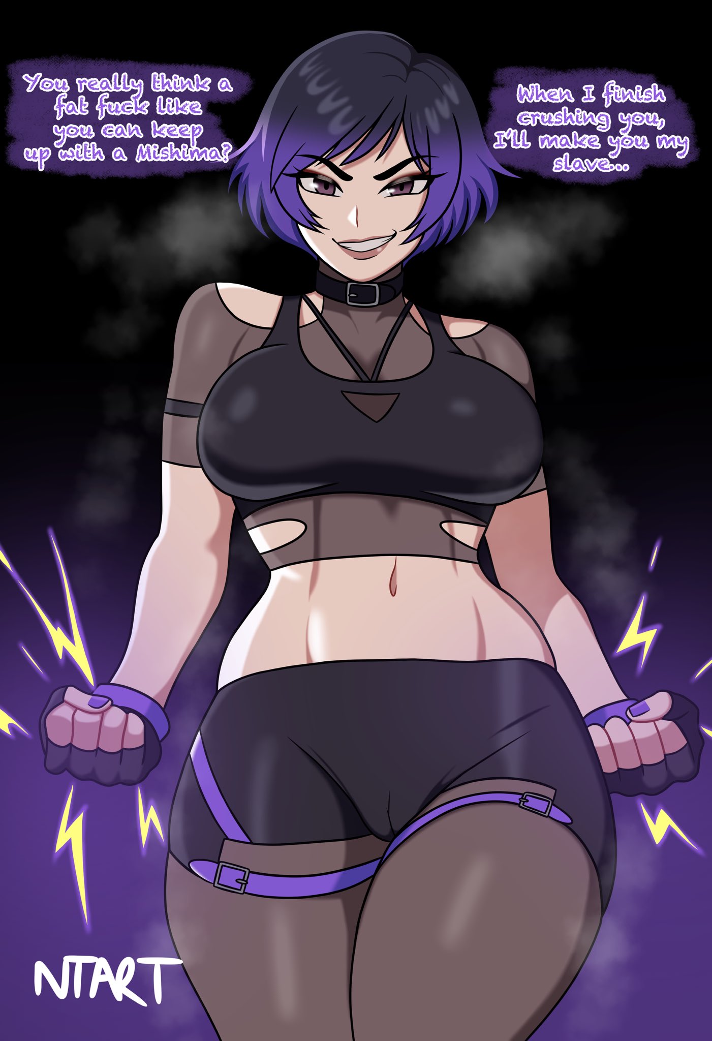 1girls, big breasts, breasts, cameltoe, choker, clothed, english dialogue, english text, fat shaming, female, femdom, looking at viewer, moments before disaster, naughty taboos, navel, painted nails, purple hair, pussy, reina mishima, short hair, smile, smirk, solo, speech bubble, tekken, tekken 8, text, toned, toned female, wide hips