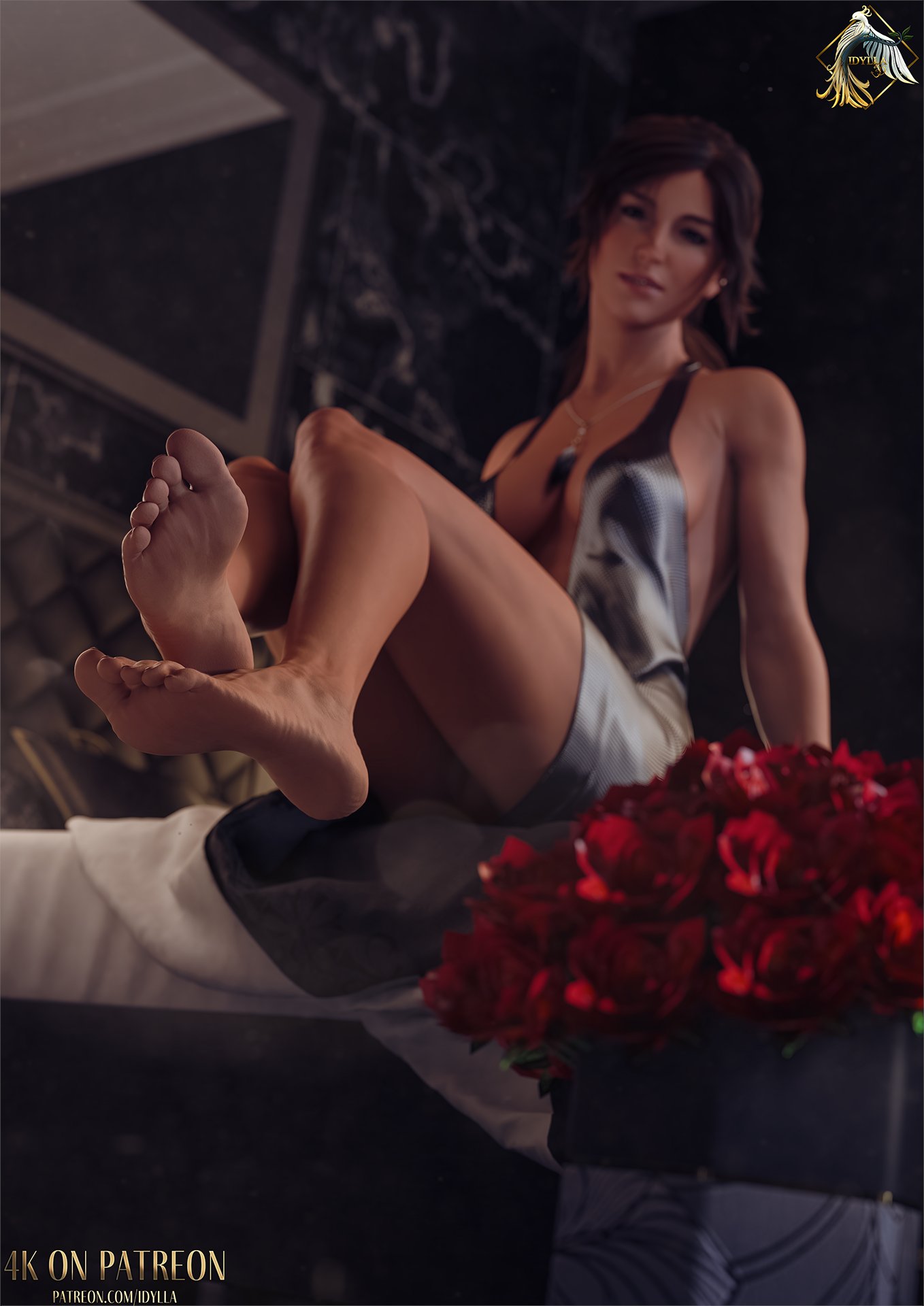 1girls 2025 3d barefoot brown_eyes brown_hair cleavage clothed clothed_female cocktail_dress deep_cleavage detailed_background dress eyeliner feet feet_focus female female_only foot_fetish full_body idylla indoors lara_croft light_makeup long_hair looking_at_feet medium_breasts nipple_bulge no_nude no_nudity non-nude non_nude pink_lipstick sitting sitting_on_bed solo tied_hair toes tomb_raider