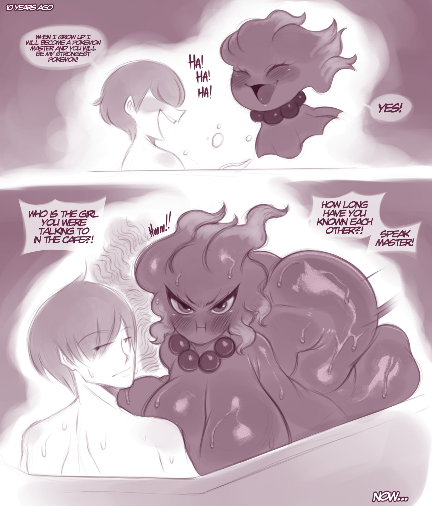 1boy, 1girls, angry, anthro, ass, bath, bathing, big breasts, breasts, dialogue, english text, female, female focus, female humanoid, female pokemon, game freak, generation 2 pokemon, ghost, ghost girl, hi res, huge ass, huge breasts, human, human male, humanoid, interspecies, jealous, light skin, light-skinned male, male, misdreavus, nintendo, nude, nude female, pokemon, pokemon (species), pokephilia, pout, puffed cheeks, saltyxodium, speech bubble, text, thick ass, thick thighs, wide hips