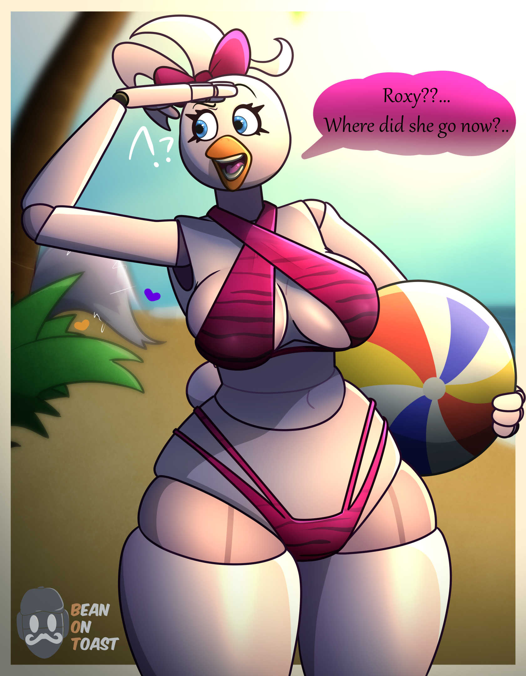 2025, 2d, 2d (artwork), 2d artwork, animatronic, anthro, anthro female, artist logo, artist name, beach, beach background, beach outfit, beachball, beak, beanontoast, blue eyes, breasts, chicken, chicken girl, female, five nights at freddy's, five nights at freddy's: security breach, furry, furry female, glamrock chica (fnaf), thick thighs