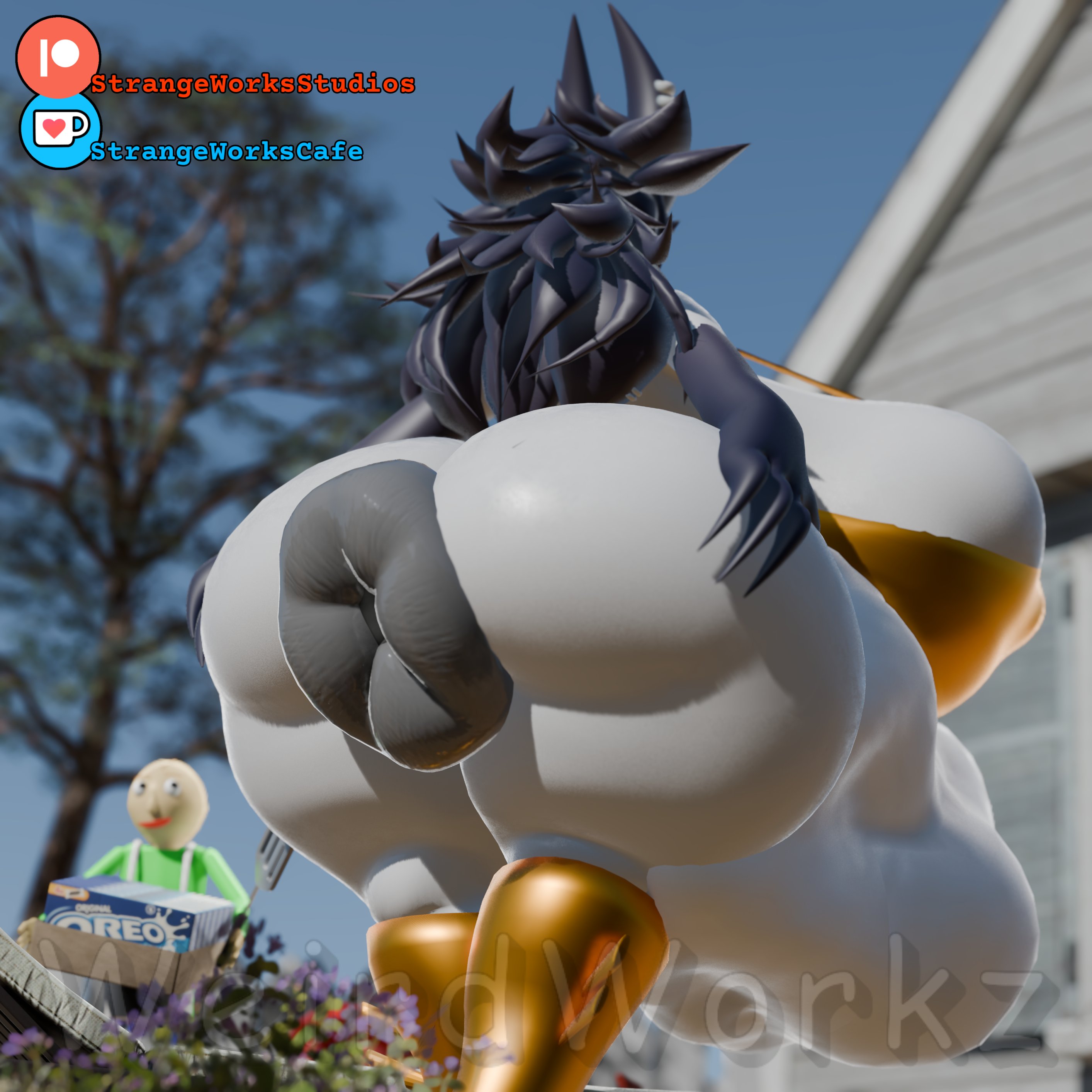 3d, 3d (artwork), anus, anus focus, ass, bald male, baldi, baldi's basics in education and learning, big anus, big ass, big belly, big breasts, black claws, black hair, black horns, black-haired female, breasts, claws, fat female, female, fundamental paper education, golden bikini, green shirt, horns, house, huge anus, huge ass, hyper, hyper anus, hyper belly, hyper breasts, hyper butt, light-skinned female, light-skinned male, long-haired female, male, miss circle (fundamental paper education), mrweirdworkz, oreo, outdoors, puffy anus, vore, weirderworkz