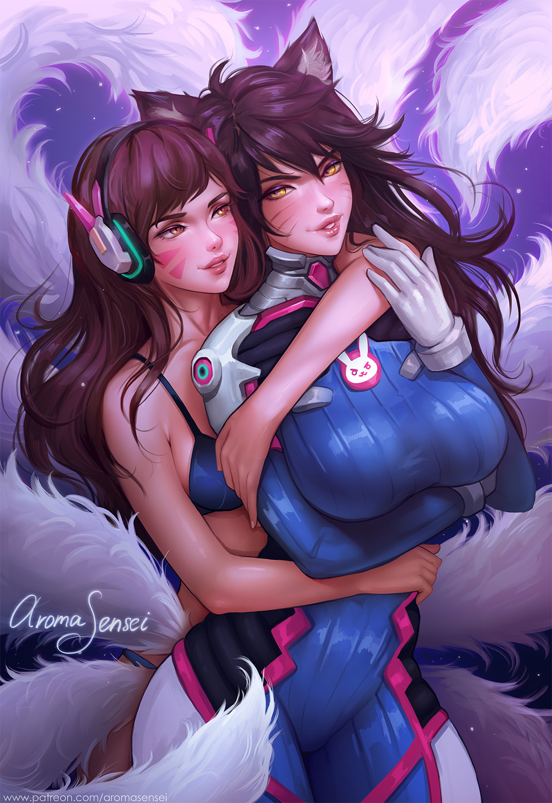 2girls, ahri, aroma sensei, asian, big breasts, breasts, cleavage, costume switch, crossover, d.va, d.va (cosplay), duo, female, female only, large breasts, league of legends, overwatch, whisker markings, yuri
