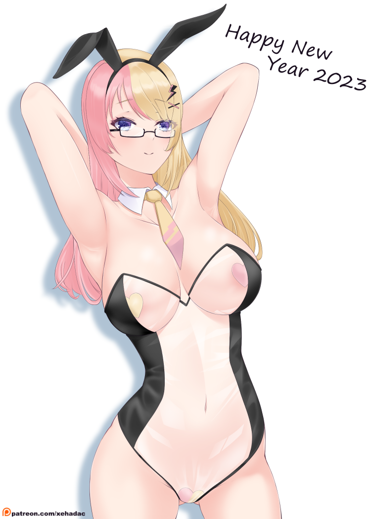 1girls 2023 armpits arms_behind_head arms_up bare_armpits belly_button big_breasts bunny_ears bunny_ears_(cosmetic) bunnysuit cleavage covered_nipples covered_pussy detached_collar female female_only glasses gradient_eyes hairclip heart_pasties kotoka_torahime maebari navel necktie nijisanji nijisanji_en nipple_pasties pink_hair revealing_clothes see-through see-through_clothing skimpy_clothes solo solo_female solo_focus thigh_gap translucent_clothing transparent_bunnysuit transparent_clothing two-tone_hair two_tone_hair virtual_youtuber x_hair_ornament xehadac yellow_hair