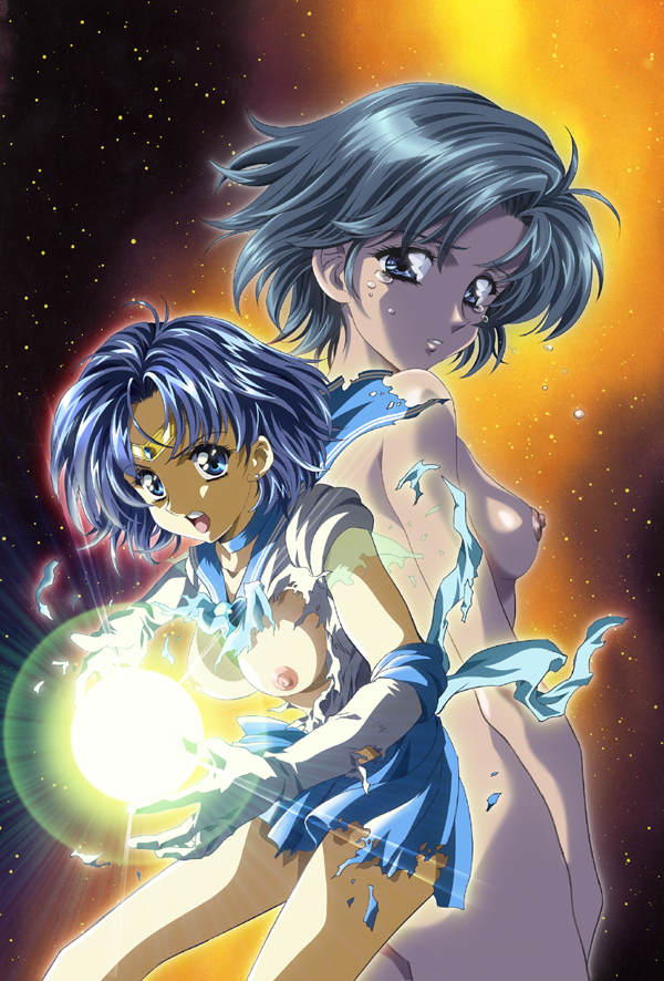 ami_mizuno attack bishoujo_senshi_sailor_moon blue_eyes blue_hair breasts choker clothing collar dual_persona earrings elbow_gloves energy_ball female female_only gloves human jewelry kawarajima_kou lens_flare magical_girl nipples nude sailor_mercury school_uniform seifuku short_hair skirt small_breasts solo straight_hair super_sailor_mercury tearing_clothes tears tiara torn_clothes