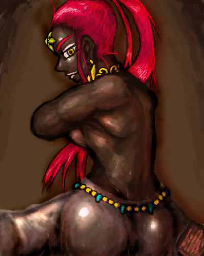 ass back_to_viewer dark-skinned_female dark_skin gerudo jewelry looking_at_viewer nabooru nintendo ocarina_of_time red_hair straight_hair the_legend_of_zelda underboob