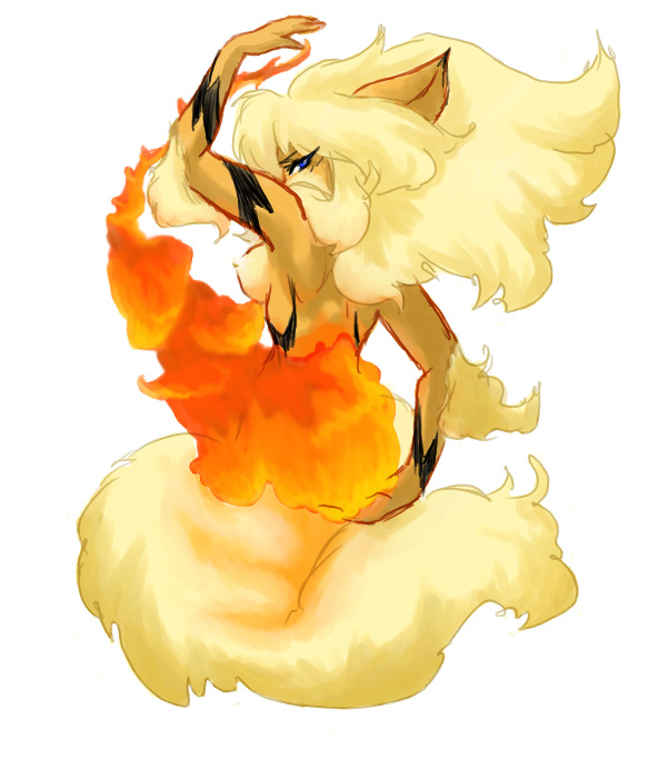 anthro arcanine black_fur color female female_only fire fur furry furry_ears nintendo nude orange_eyes pointy_ears pokemon pokemon_(species) solo tagme windie