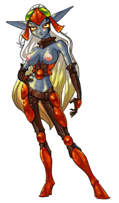 1girls big_breasts breasts brown_eyes corset elbow_gloves exposed_breasts female female_only helmet high_heel_boots jak_and_daxter jak_and_daxter:_the_precursor_legacy maia_acheron midriff navel nipples partial_nudity solo topless white_background white_hair yellow_sclera