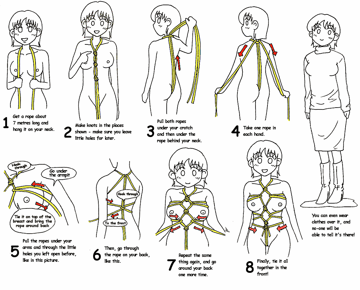 1girls bdsm bondage crotch_rope diagram english english_text female how-to karada monochrome multiple_views nipples nude original rope self_bondage shibari