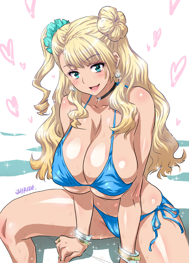 1girls, asymmetrical hair, big breasts, bikini, blonde hair, blue bikini, blue eyes, bracelet, breasts, choker, cleavage, earrings, female, female only, galko, gyaru, hair bun, heart, huge breasts, jewelry, joy ride, kogal, large breasts, lips, long hair, one side up, oshiete! galko-chan, scrunchie, side bun, side-tie bikini, skindentation, solo, strap gap, swimsuit, underboob