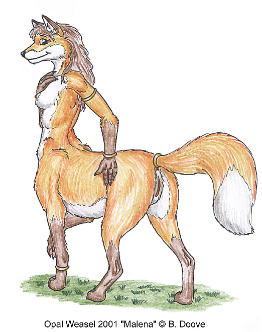 2001 breasts brown_hair canine chakona_space drawn female fox fox_taur fur hair looking_at_viewer malena mammal nipples nude opal_weasel pussy red_fur simple_background smile solo taur white_background white_belly white_fur