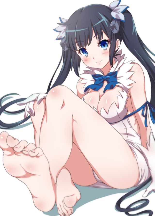 1girls, barefoot, black hair, blue eyes, blue ribbon, breasts, dungeon ni deai wo motomeru no wa machigatteiru darou ka, feet, female, female only, foot fetish, gloves, hestia (danmachi), knees, large breasts, legs, long hair, looking at viewer, nails, soles, thighs, tied hair, toes, twintails