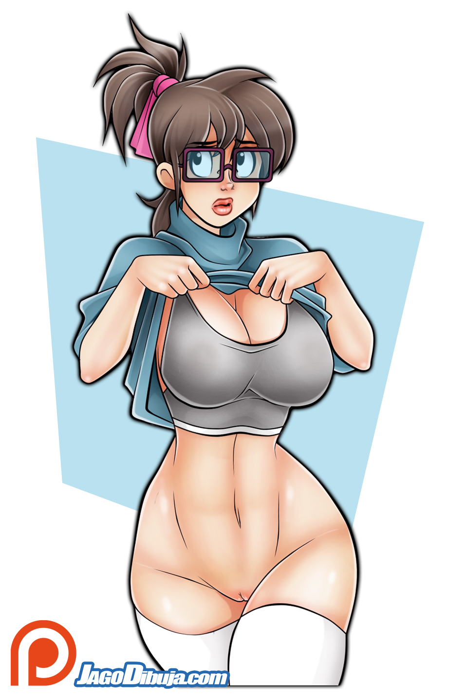 1girls, belly, bottomless, breasts, brown hair, busty, cleavage, covered breasts, covered nipples, female, female only, glasses, hips, hourglass figure, human, irma langinstein, irma langinstein (tmnt 1987), jago dibuja, large breasts, legs, legwear, lipstick, long hair, navel, nerd, nipples, ponytail, pussy, shirt lift, solo, sports bra, stockings, teenage mutant ninja turtles, thighhighs, thighs, tied hair, tmnt 1987, vagina, voluptuous