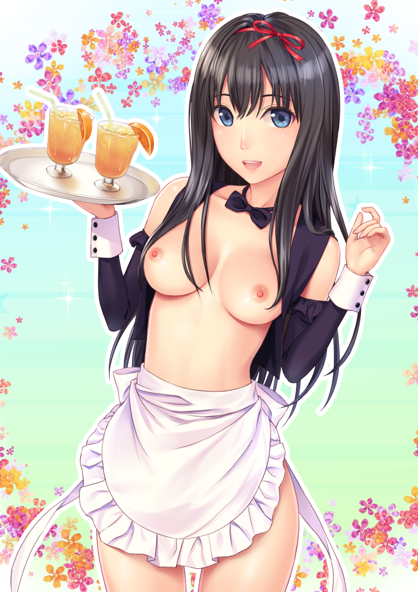 apron black_hair blue_eyes bow bowtie breasts drink female flower food fruit hair_ribbon hairbow highres long_hair n.g. nipples orange original pointy_chin ribbon smile solo thigh_gap tray wrist_cuffs