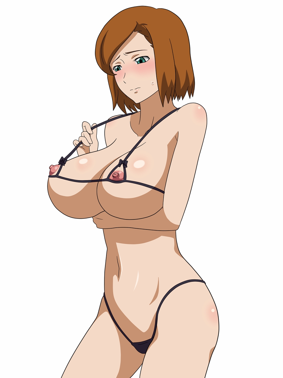 blush breasts brown_hair green_eyes gundam gundam_age kame_(artist) romary_stone short_hair sweat