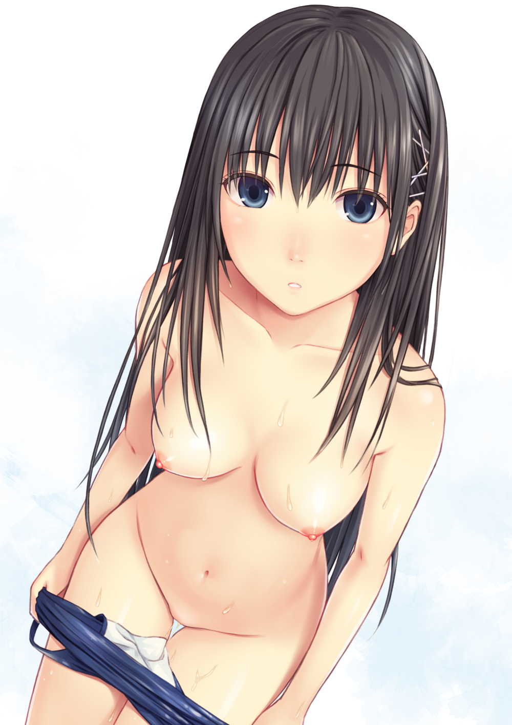 blue eyes, blush, breasts, female, gradient, gradient background, hair ornament, hairclip, highres, leaning forward, long hair, looking at viewer, n.g., navel, nipples, one-piece swimsuit, original, parted lips, pussy, solo, swimsuit, swimsuit pull, thigh gap, wet