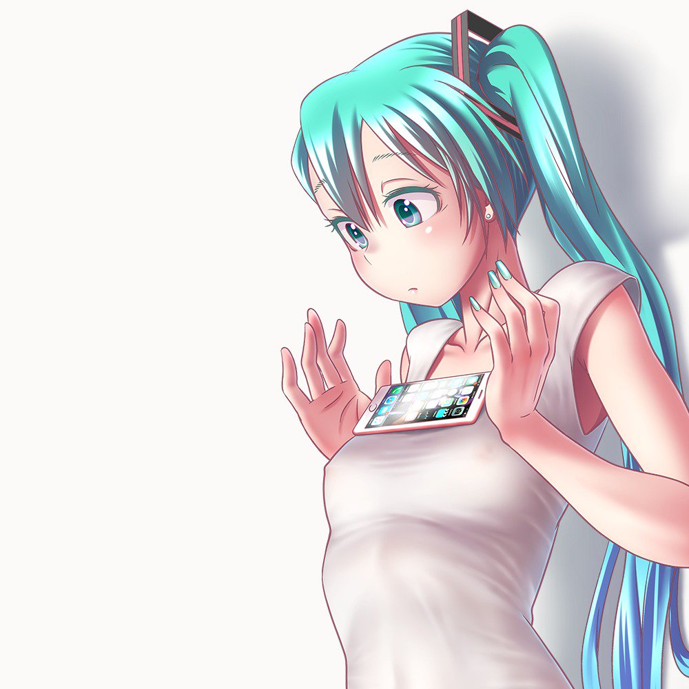 1girl, 1girls, aqua eyes, aqua hair, breast conscious, breasts, cellphone, covered nipples, earrings, female, female only, hatsune miku, jewelry, long hair, nail polish, nipples, object on breast, phone, see-through, shirt, simple background, small breasts, smartphone, solo, tank top, tied hair, twintails, upper body, very long hair, vocaloid, white background, white shirt, wokada