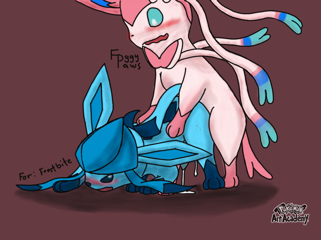 2boys all_fours blush bow_tie cum doggy_style duo eeveelution from_behind_position furry gay glaceon interspecies male male_only mauve_background nintendo penis pokemon sex simple_background sylveon text video_games