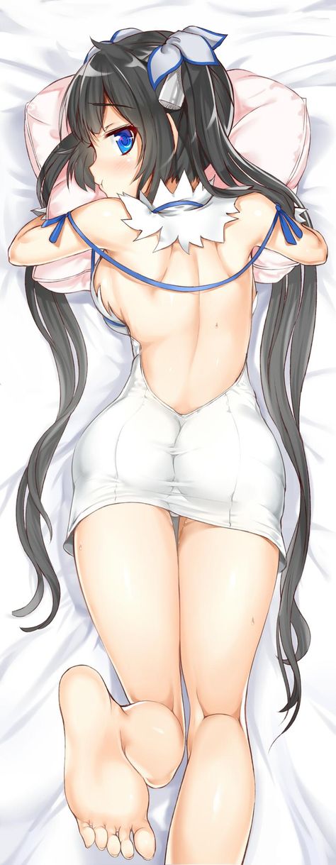 1girls, ass, back, barefoot, black hair, blue eyes, calves, dungeon ni deai wo motomeru no wa machigatteiru darou ka, feet, female, female only, foot fetish, hestia (danmachi), legs, long hair, looking at viewer, soles, thighs, tied hair, toes, twintails