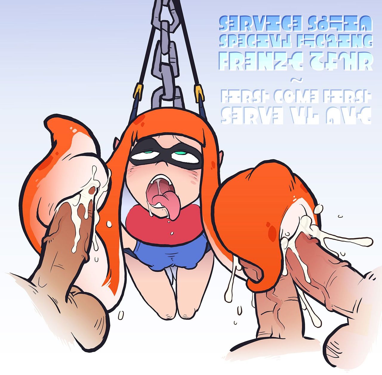 1girls, 3boys, ahe gao, balls, cum, ejaculation, erect nipples, female, green eyes, hairjob, inkling, inkling girl, kaori (splatoon), male, nipples, open mouth, orange hair, orgasm, penis, public use, saliva, sex, sparrow (artist), splatoon, straight, testicles, tongue, tongue out, veiny penis
