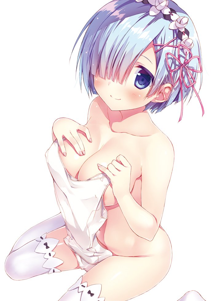 blue eyes, blue hair, blush, breasts, cleavage, covered breasts, covering, female, hair ornament, hair over one eye, hairband, large breasts, looking at viewer, nude, re:zero kara hajimeru isekai seikatsu, rem (re:zero), ryohka, shirt, short hair, simple background, sitting, smile, stockings, white background