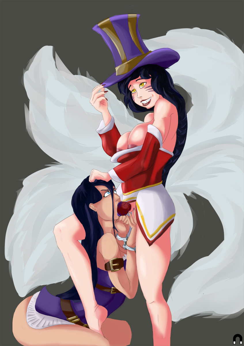 ahri, animal genitalia, animal genitalia on humanoid, areolae, breasts, caitlyn kiramman, canine penis on humanoid, deepthroat, dickgirl, erection, fellatio, female, futanari, intersex, league of legends, magnetus, nipples, oral, penis, throat bulge