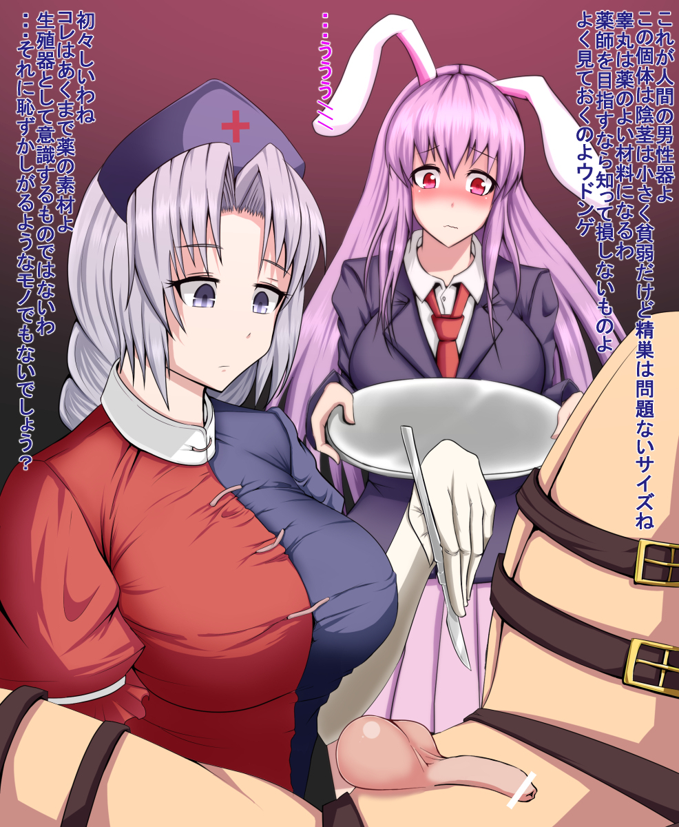 castration cbt cock_and_ball_torture eirin_yagokoro female girl penectomy purple_hair rabbit_ears red_eyes reisen_udongein_inaba text touhou translation_request yumusiusu