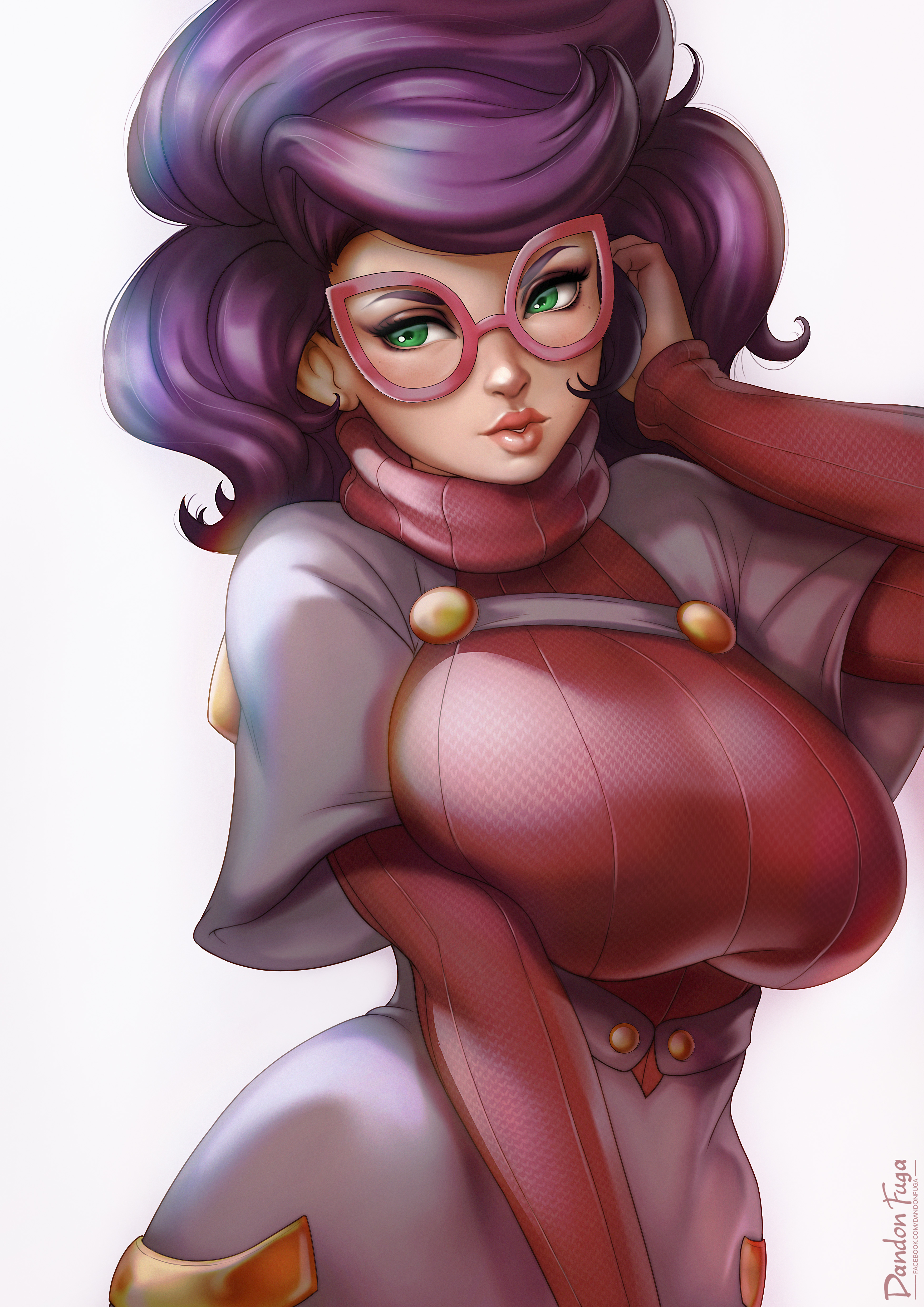 1girls, absurdres, aether foundation, breasts, clothed, covered breasts, dandon fuga, eyelashes, female, female only, glasses, green eyes, high resolution, huge breasts, human, large breasts, lips, lipstick, long hair, megane, milf, nintendo, pokemon, pokemon sm, purple hair, ribbed sweater, smile, solo, sweater, text, turtleneck, upper body, very high resolution, white background, wicke (pokemon)