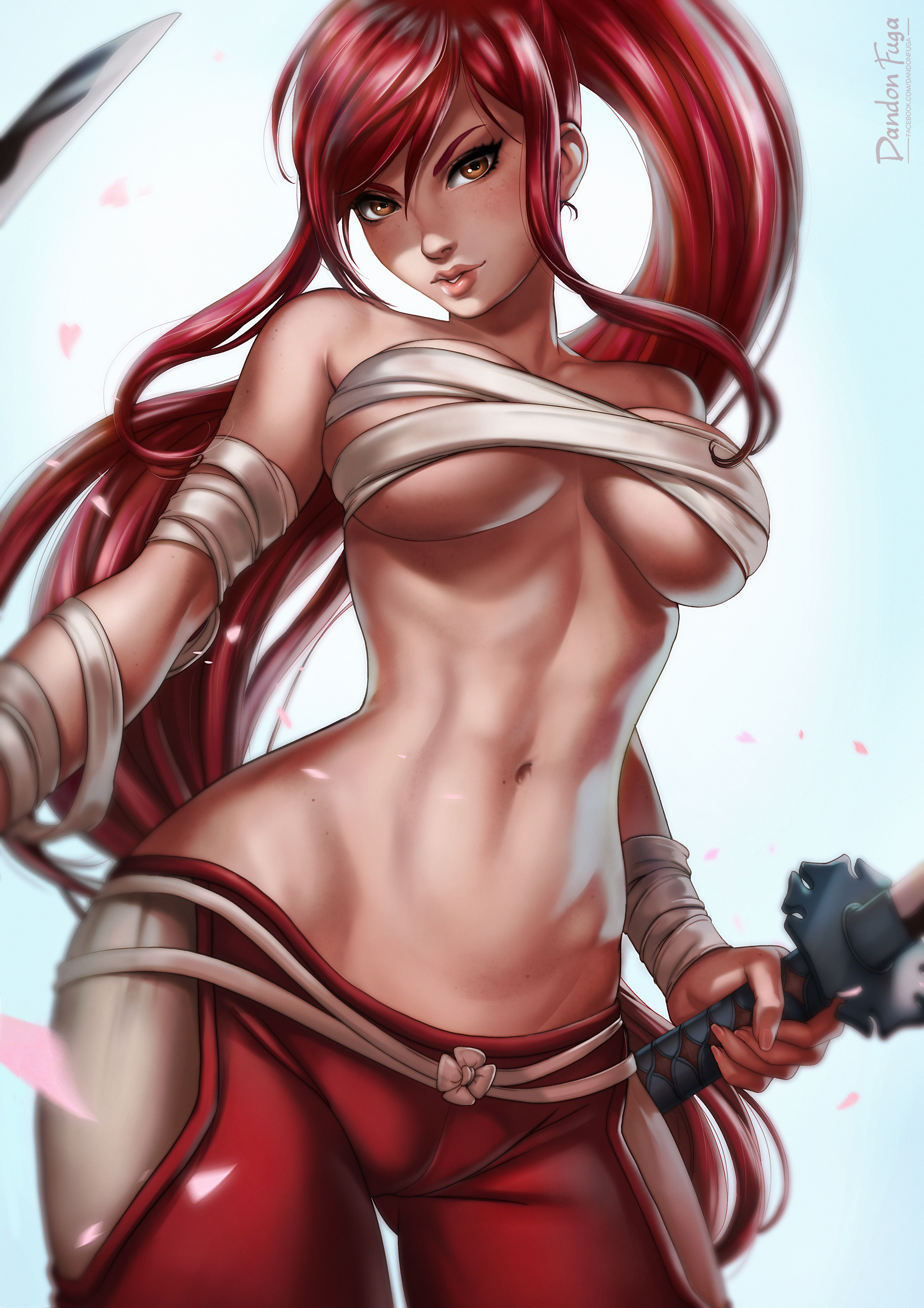 1girls, abs, bandages, bare shoulders, belly, breasts, brown eyes, cleavage, covered breasts, dandon fuga, erza scarlet, fairy tail, female, female only, high resolution, hips, katana, large breasts, legs, lips, long hair, looking at viewer, navel, nipples, pants, ponytail, pussy, red hair, red-haired female, solo, sword, thighs, tied hair, toned, topless, vagina, very high resolution, weapon