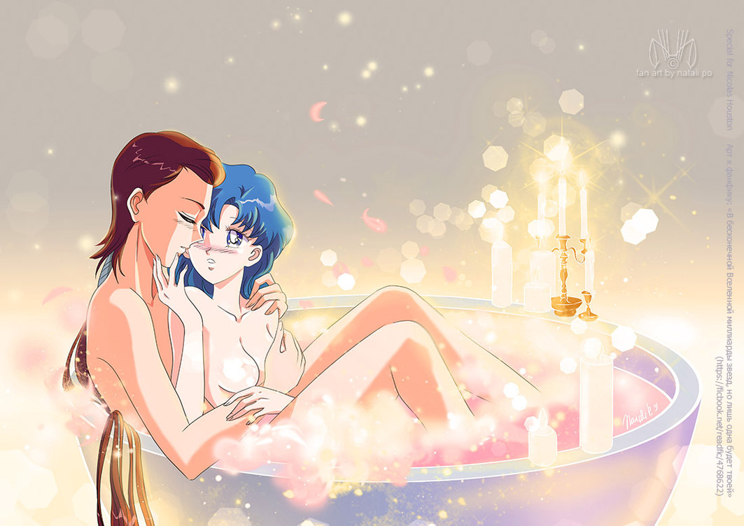 1boy 1girls ami_mizuno bathing bathtub bishoujo_senshi_sailor_moon blue_eyes blue_hair blush breasts brunette embrace female male natalipo nipples nude passionate romantic small_breasts straight taiki_kou water