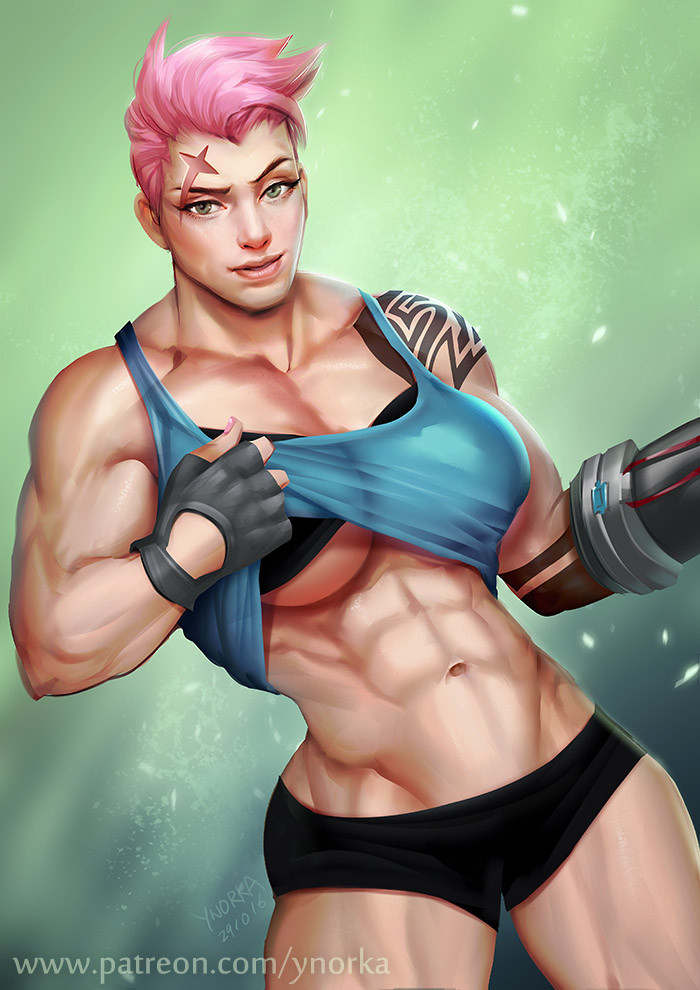 1girls, 2d, abs, black panties, blizzard entertainment, female, happy, muscles, overwatch, overwatch 2, panties, shirt lift, solo, ynorka, zarya